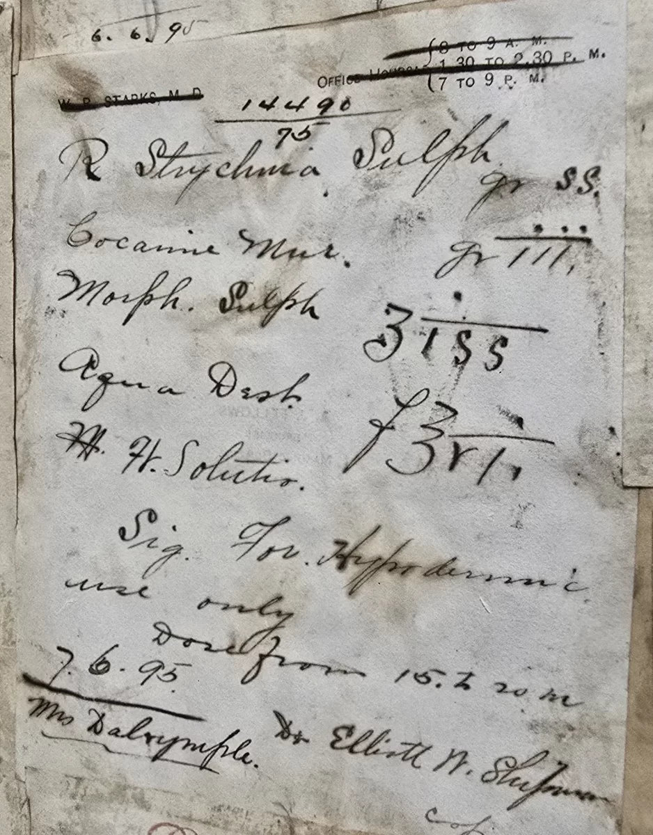 Vintage handwritten prescription No. 14490 dated July 6, 1895, for Mrs. Dalrymple, including strychnine sulfate, morphine sulfate, and cocaine muriate with instructions for hypodermic use.