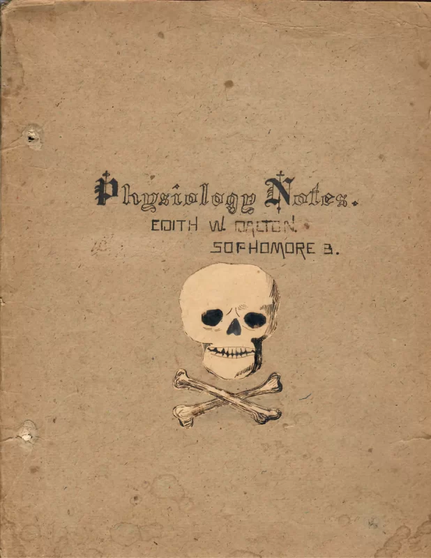 Handwritten cover labeled "Physiology Notes – Sophomore B" by Edith W. Dalton, dated 1897, in pencil on aged paper.