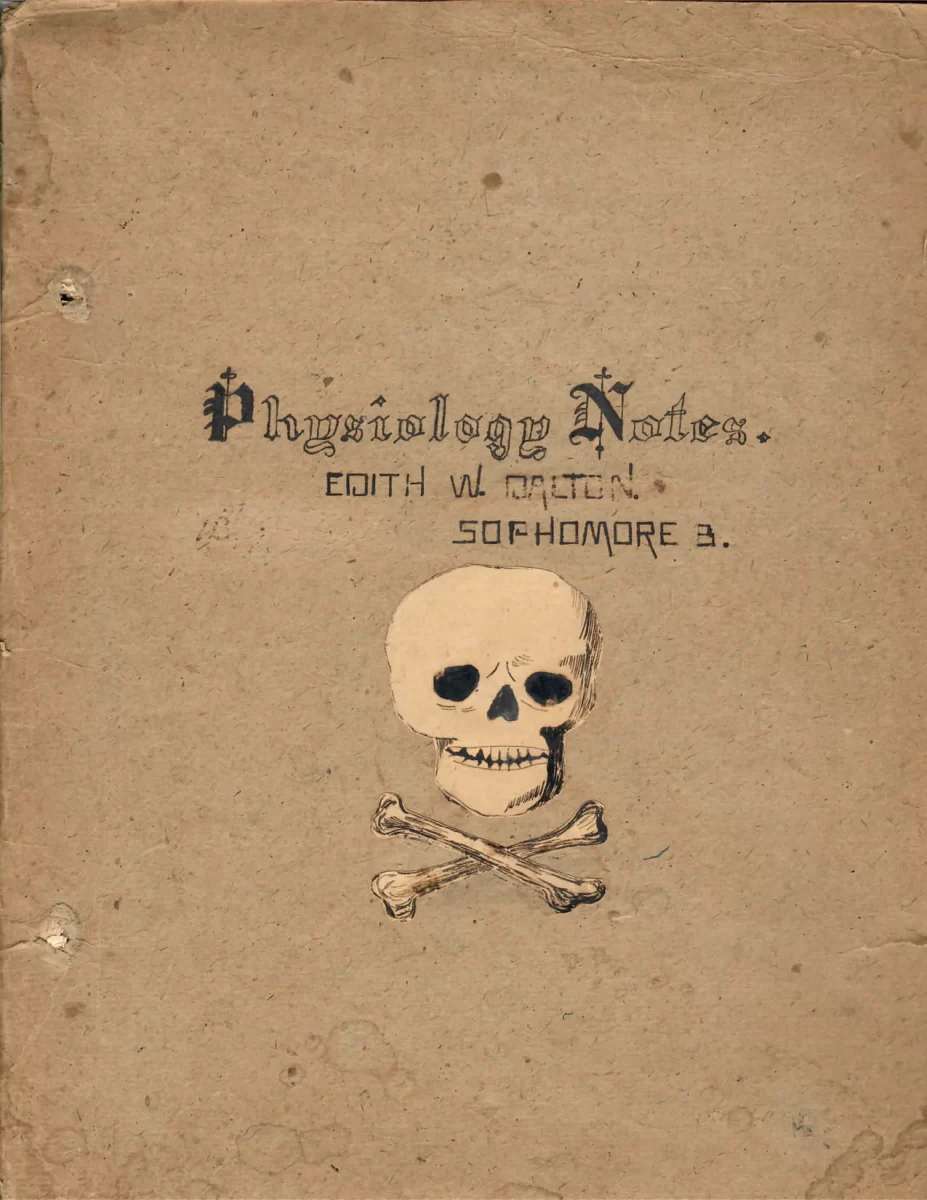 Handwritten cover labeled "Physiology Notes – Sophomore B" by Edith W. Dalton, dated 1897, in pencil on aged paper.