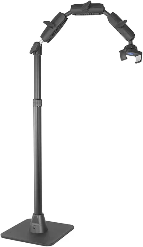 Black Arkon Pro Stand with adjustable articulating arm and weighted base, designed to securely hold smartphones or small cameras for overhead video recording or hands-free photography.