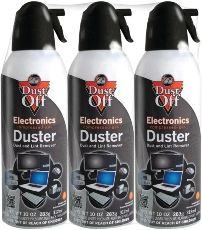 Three cans of Dust-Off Electronics Compressed-Gas Duster, each labeled as 10 oz (283g / 312ml), designed for removing dust and lint from computer and electronic equipment.