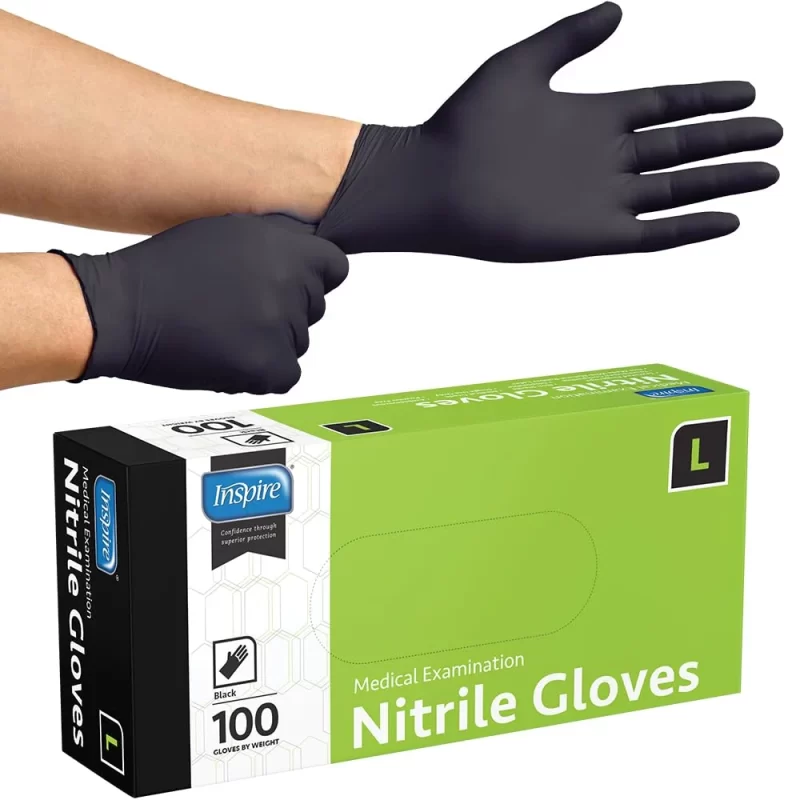 Box of Inspire brand black nitrile gloves, size large, containing 100 disposable gloves.