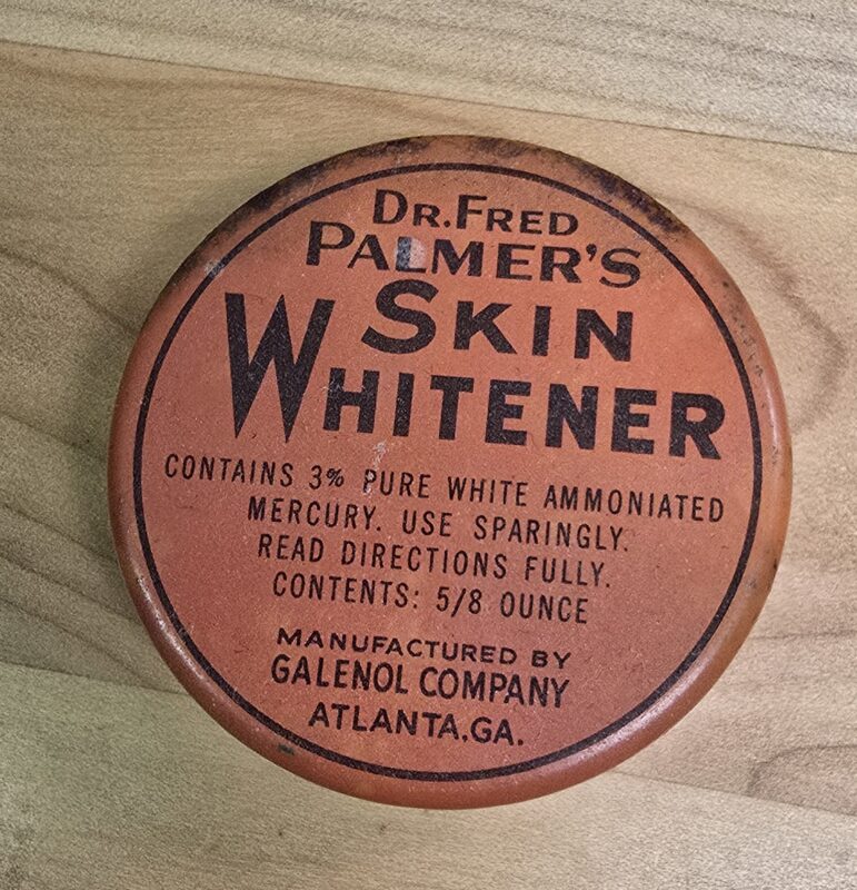 Vintage Dr. Fred Palmer’s Skin Whitener tin with ammoniated mercury label