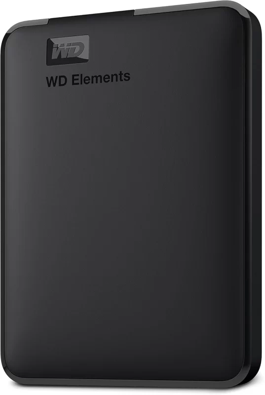Angled view of a black WD Elements portable external hard drive with a smooth matte finish and rounded edges. The WD logo and "WD Elements" branding are printed on the top left corner.
