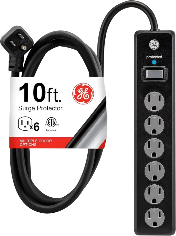 GE 6-Outlet Surge Protector with 10-foot white extension cord, featuring angled outlets and flat plug for workspace flexibility.