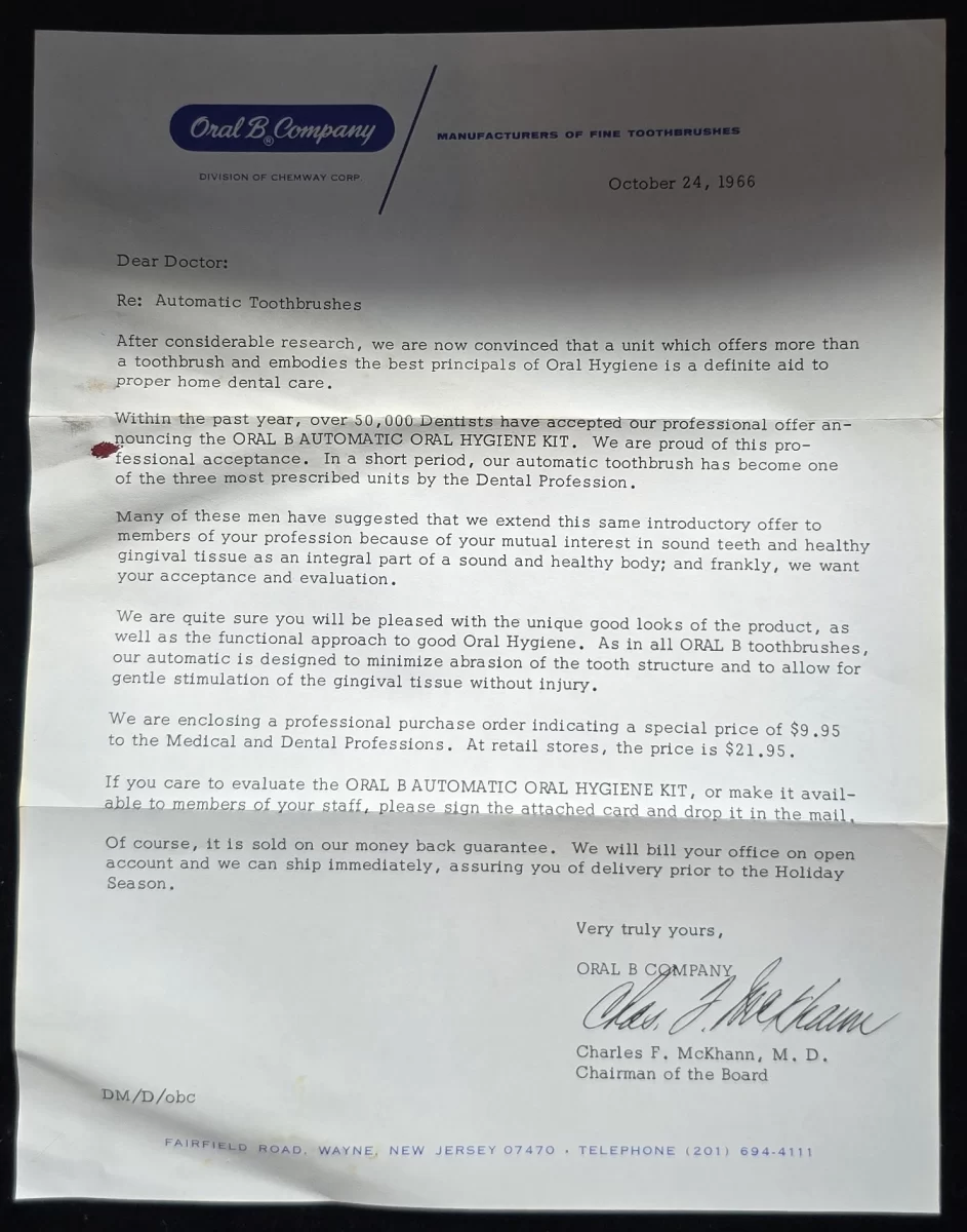 1966 Oral B Company promotional letter addressed to physicians, advertising the Automatic Oral Hygiene Kit and signed by Charles F. McKhann, M.D.