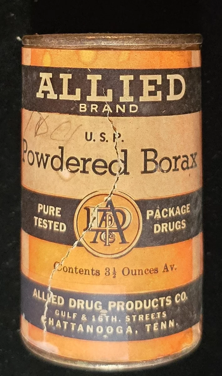 Tin of Allied Brand Powdered Borax with central tear