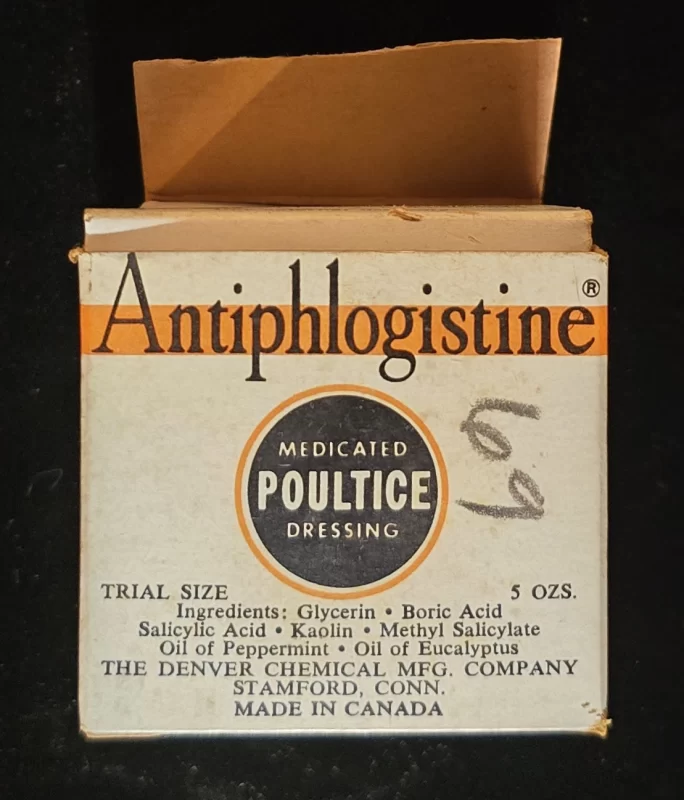 Vintage jar and box of Antiphlogistine poultice with ingredients and instructions
