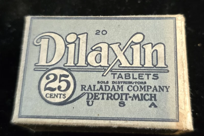 Vintage box of Dilaxin Tablets by Raladam Company, Detroit, MI, circa 1922.