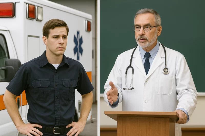 Young EMT standing by ambulance alongside seasoned physician giving a medical lecture—symbolizing the journey of earning respect in medicine.