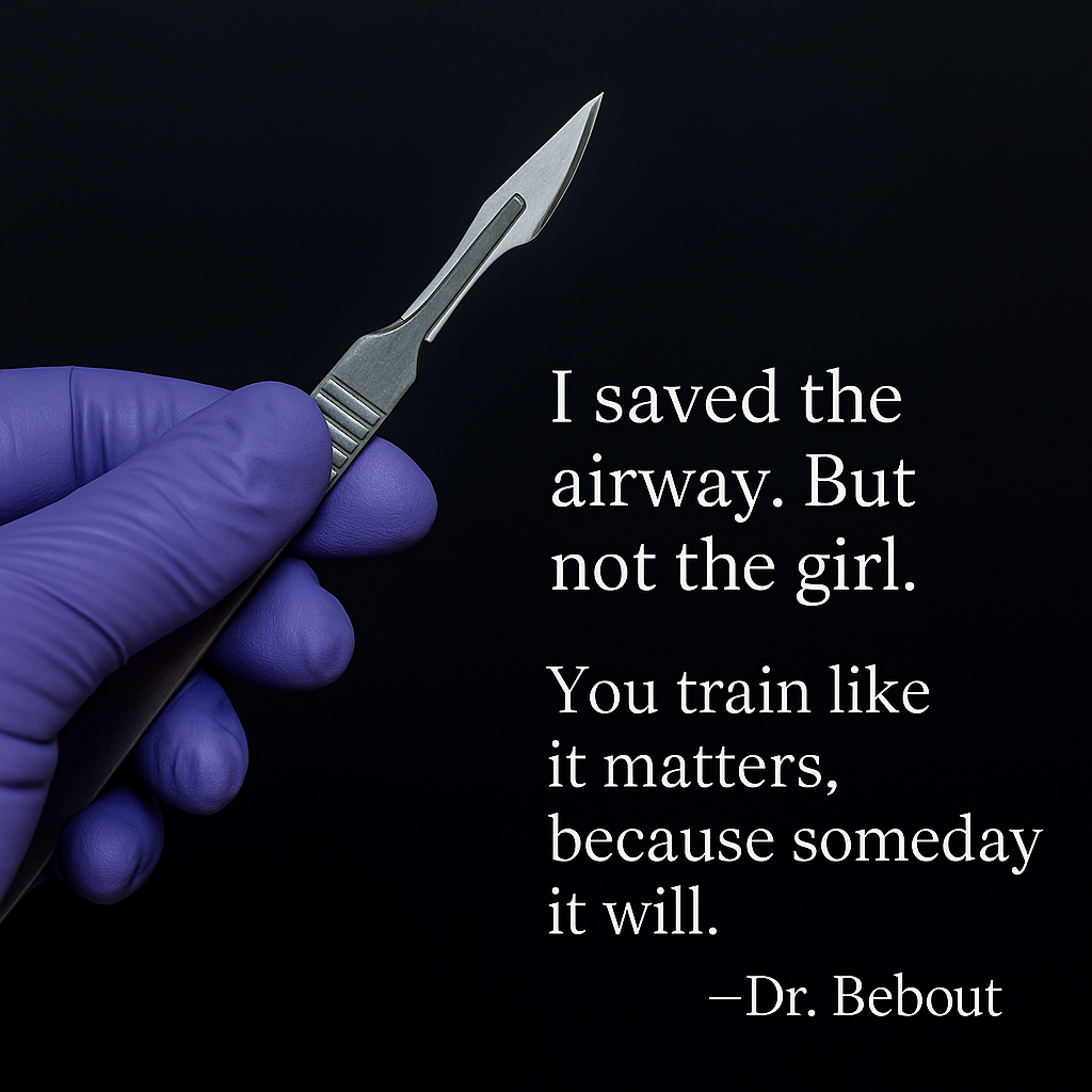 Gloved hand holding a correctly mounted number 11 blade scalpel with quote overlay.