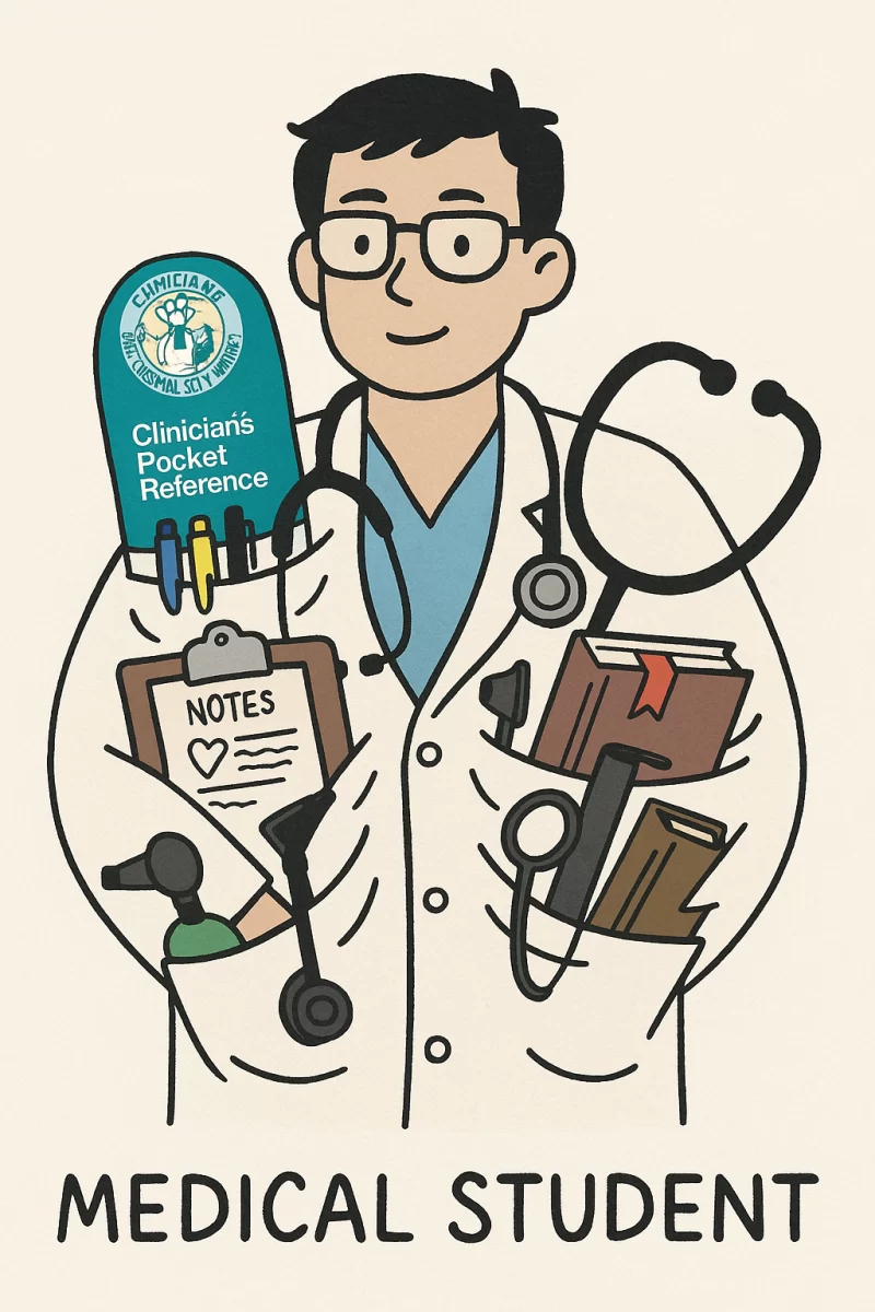 Hand-drawn comic illustration showing a medical student with a gear-packed coat, a resident with fewer tools, and an attending in casual clothes carrying only confidence.