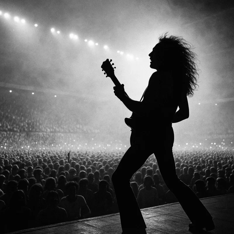 Black-and-white silhouette of a rock guitarist on stage in a packed arena, with a glowing haze and cheering crowd—evoking the energy of a 1970s Ted Nugent concert.