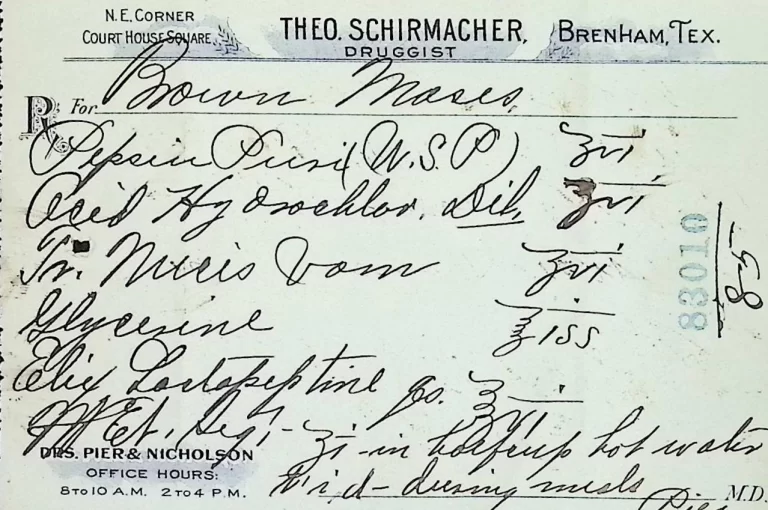 Antique prescription card from Theo. Schirmacher, druggist in Brenham, Texas, featuring handwritten formula with pepsin, glycerine, and lactopeptine