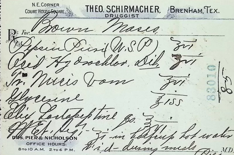 Antique prescription card from Theo. Schirmacher, druggist in Brenham, Texas, featuring handwritten formula with pepsin, glycerine, and lactopeptine