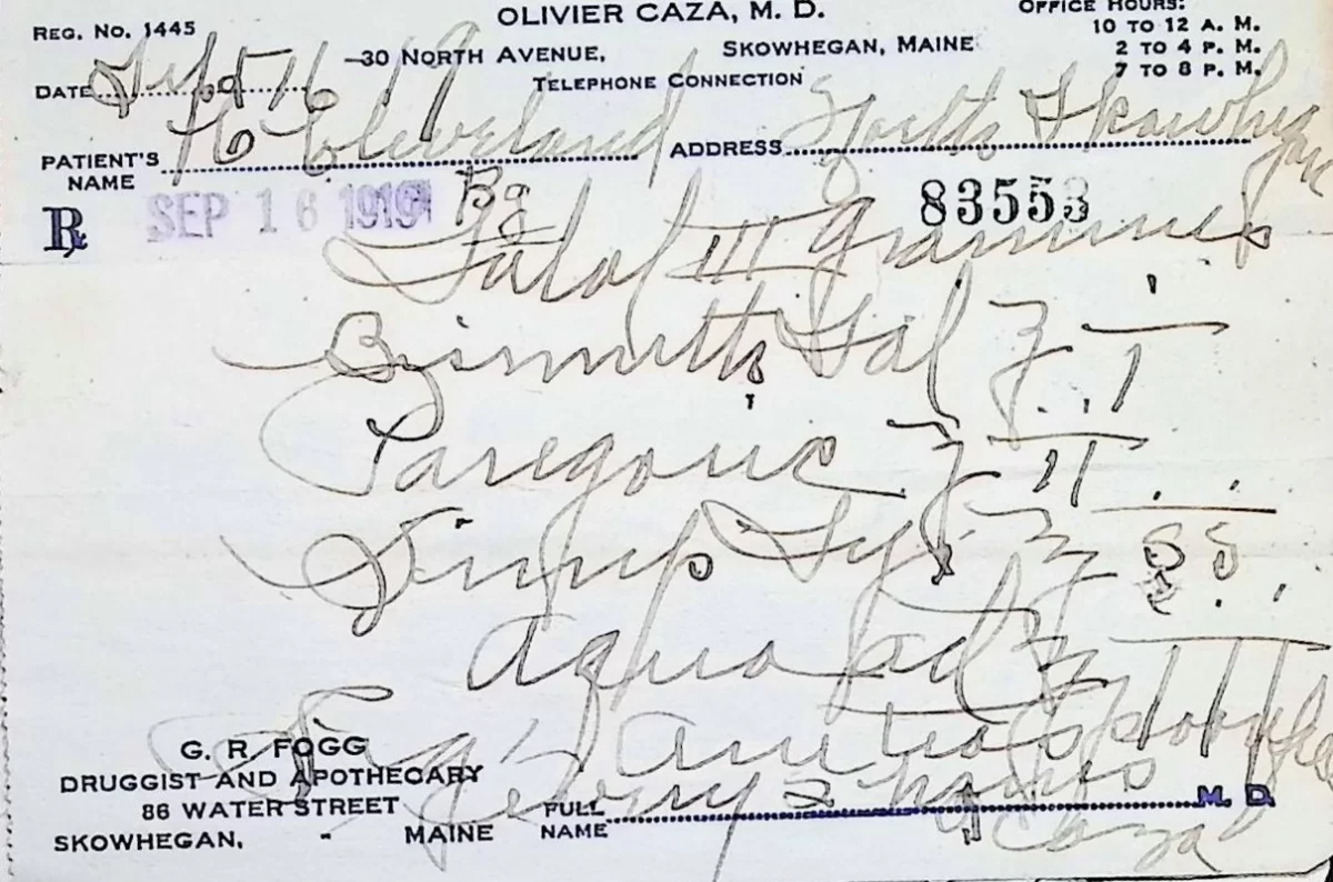 1919 handwritten prescription by Dr. Olivier Caza for paregoric and bismuth-based mixture, filled at G. R. Fogg’s pharmacy in Skowhegan, Maine.