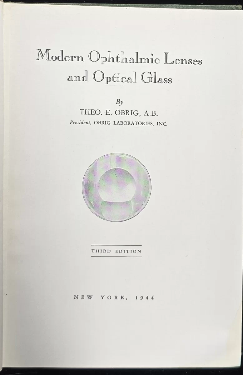 Title page of Modern Ophthalmic Lenses and Optical Glass, Third Edition, 1944