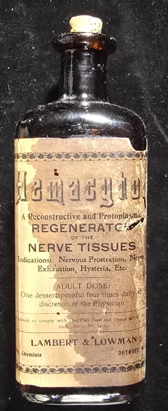 Hemacytol nerve tonic bottle marketed as a regenerator of nerve tissues for exhaustion and hysteria.