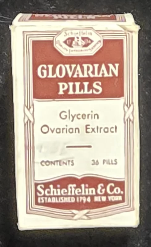 Glovarian Pills box containing glycerin ovarian extract, representing early 20th-century reproductive health remedies for women.