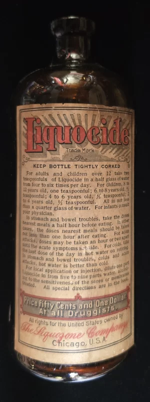 Liquozone (Liquicide) bottle, a patent medicine marketed as a universal cure-all in the early 20th century.