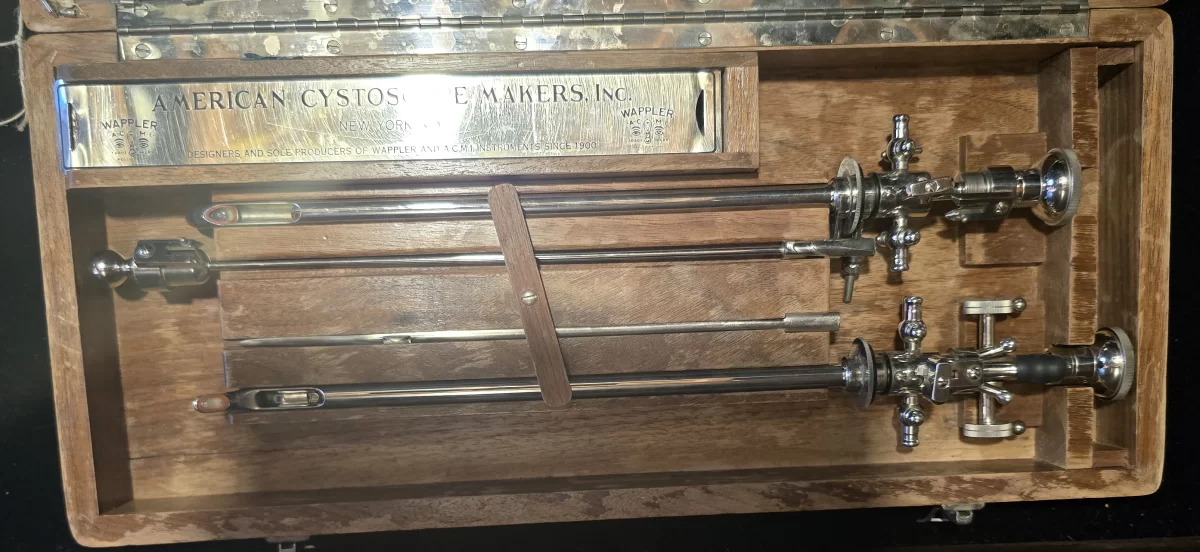 American Cystoscope Makers endoscopy kit with Wappler attachments, sheaths, and electrical parts in wood case