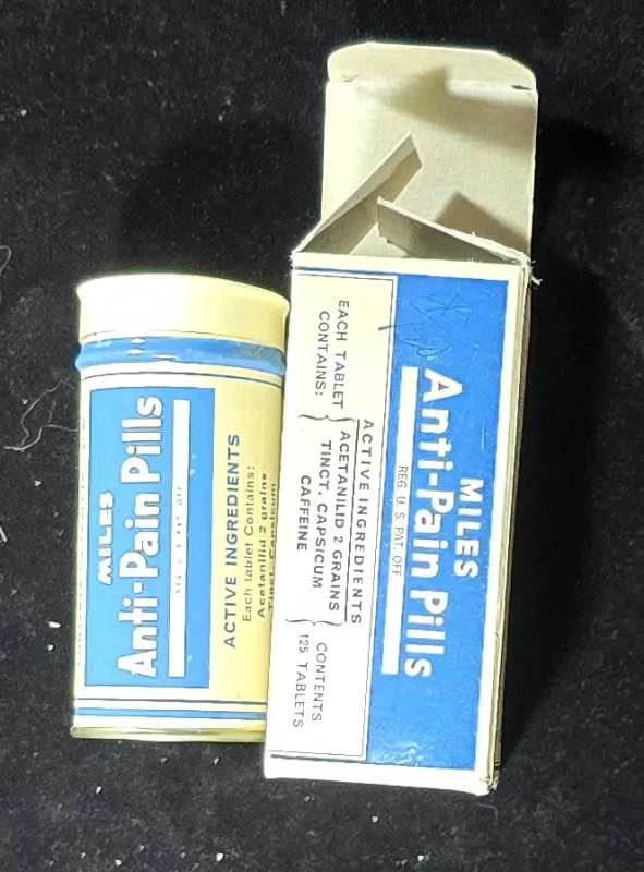 Vintage Miles Anti-Pain Pills box and tin, mid-20th century