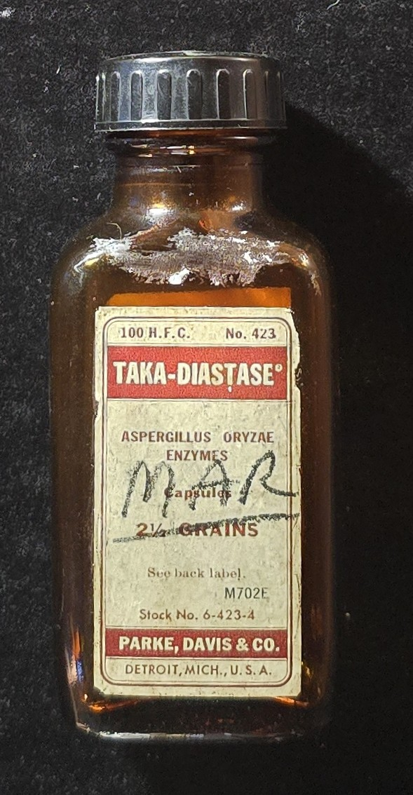 Front label of vintage Parke, Davis & Co. Taka-Diastase enzyme bottle.
