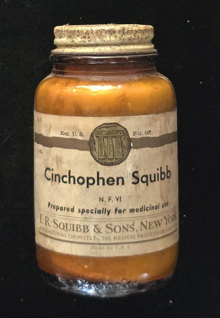 Amber Squibb jar of Cinchophen gout remedy with intact label