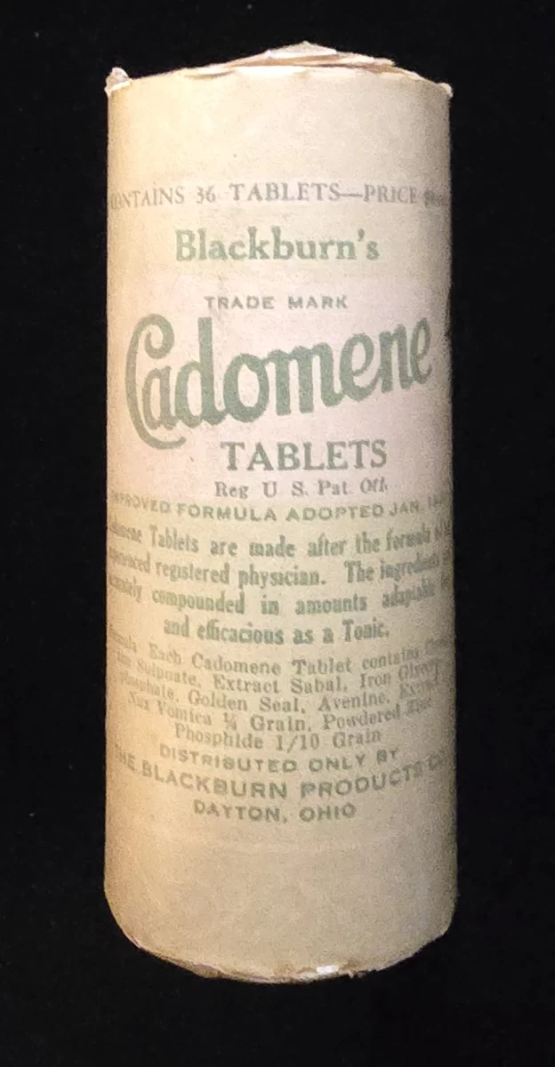 Vintage roll package of Blackburn’s Cadomene Tablets, early 20th-century tonic medicine produced in Dayton, Ohio.