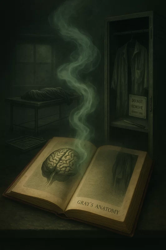 A dark, surreal illustration shows an open copy of Gray’s Anatomy resting on a worn table. A ghostly green vapor rises from a drawing of the human brain on the page, curling upward through the air. In the shadowy background, a cadaver lies covered on a steel gurney, and a nearby locker stands open, revealing a formalin-soaked lab coat with a sign that reads “DO NOT REMOVE.” The atmosphere is haunting and nostalgic, evoking memories of medical school cadaver lab and the unforgettable scent of formalin.