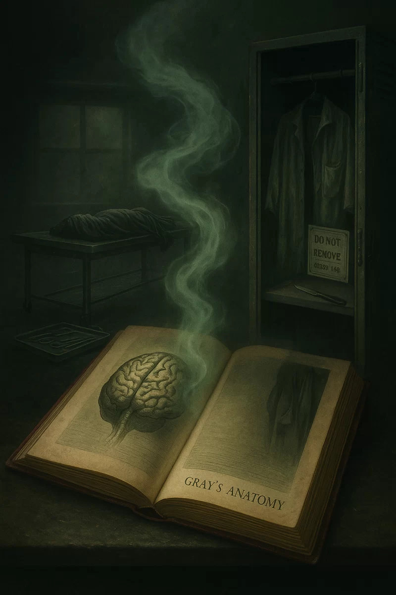 A dark, surreal illustration shows an open copy of Gray’s Anatomy resting on a worn table. A ghostly green vapor rises from a drawing of the human brain on the page, curling upward through the air. In the shadowy background, a cadaver lies covered on a steel gurney, and a nearby locker stands open, revealing a formalin-soaked lab coat with a sign that reads “DO NOT REMOVE.” The atmosphere is haunting and nostalgic, evoking memories of medical school cadaver lab and the unforgettable scent of formalin.