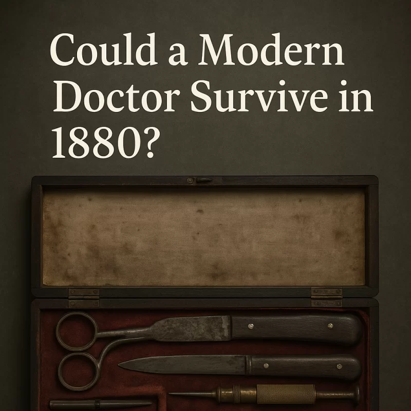 Open antique surgical kit featuring 19th-century medical tools with title text “Could a Modern Doctor Survive in 1880?” in white serif letters on a dark background.