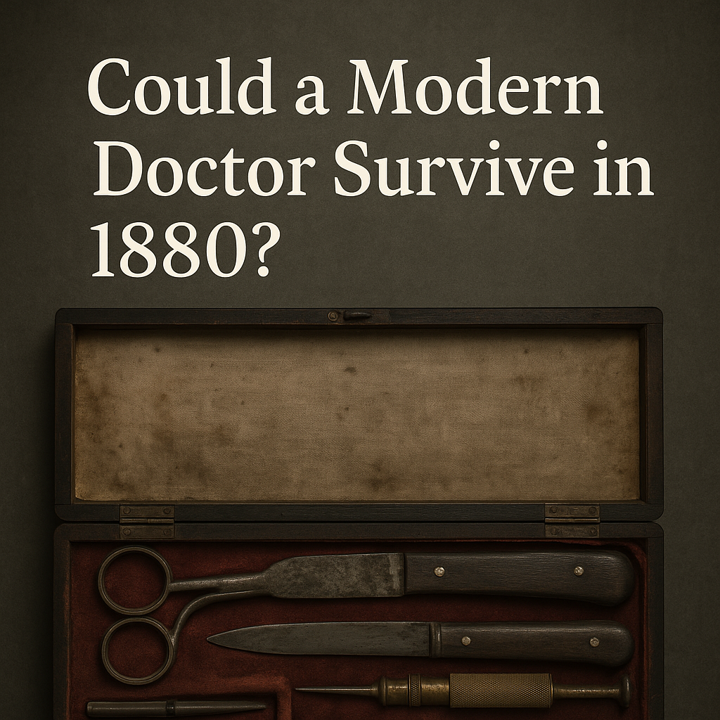Open antique surgical kit featuring 19th-century medical tools with title text “Could a Modern Doctor Survive in 1880?” in white serif letters on a dark background.