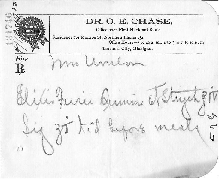 Handwritten antique prescription for Elixir of Iron, Quinine, and Strychnine, dispensed 4 ounces with directions to take 1 dram three times daily before meals.