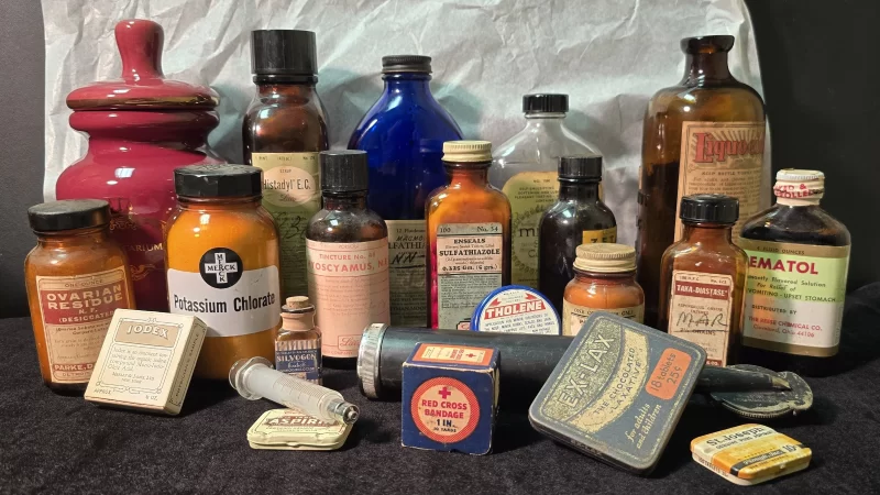 Antique bottles from Dr. Bebout’s Cabinet of Medical Curiosities collection.