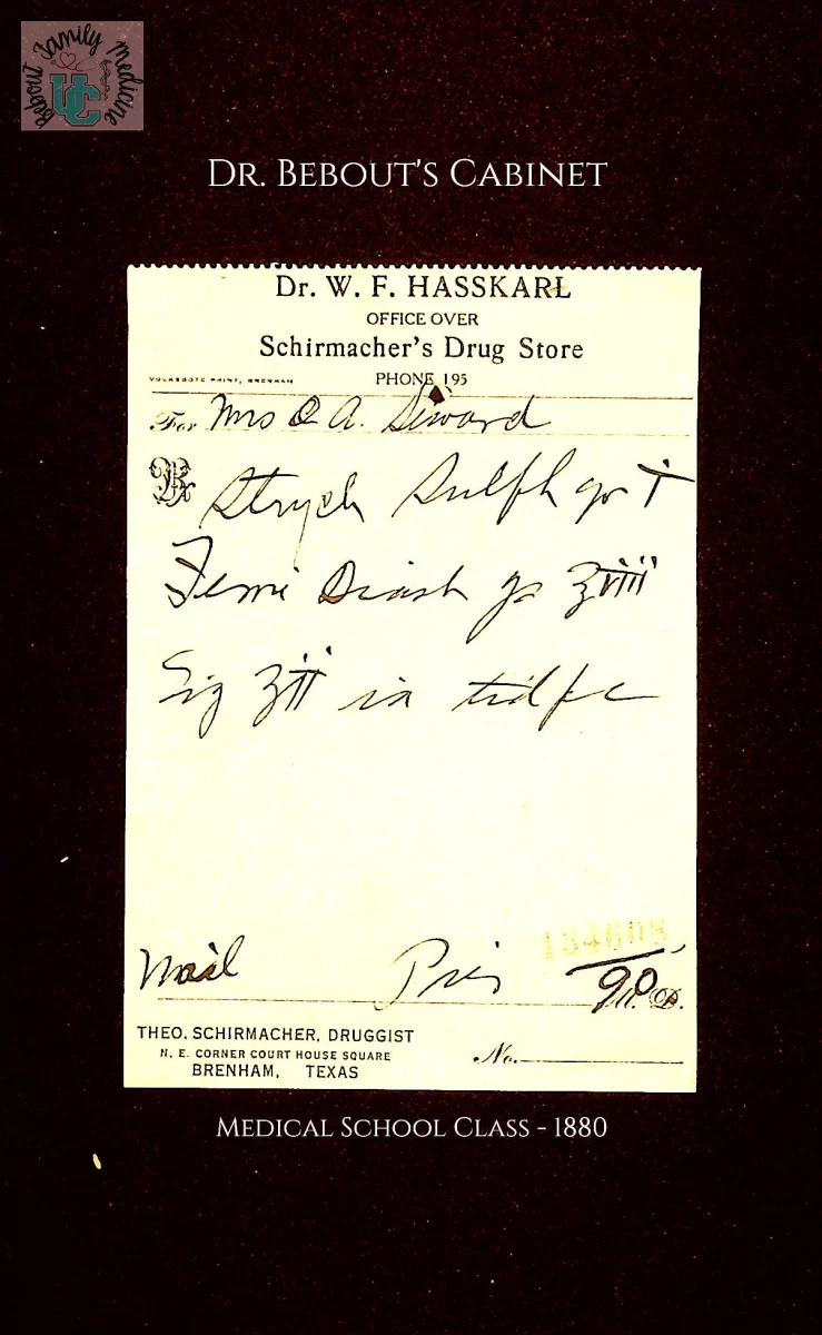 Antique handwritten prescription from the late 1800s featuring strychnine sulphate, photographed for the blog post “Going Back to Med School: 1880 Style” on Dr. Bebout’s Cabinet of Medical Curiosities.