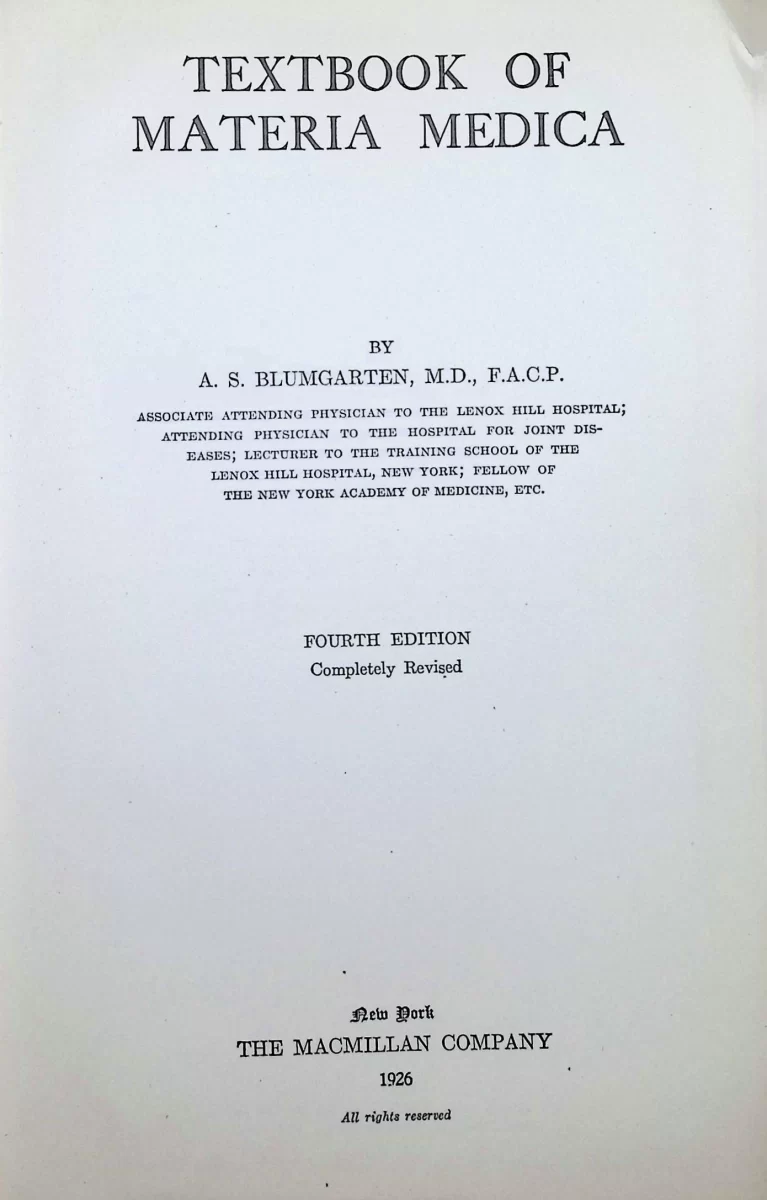 Textbook of Materia Medica (1926, Fourth Edition) by A. S. Blumgarten, M.D., early 20th-century pharmaceutical reference.