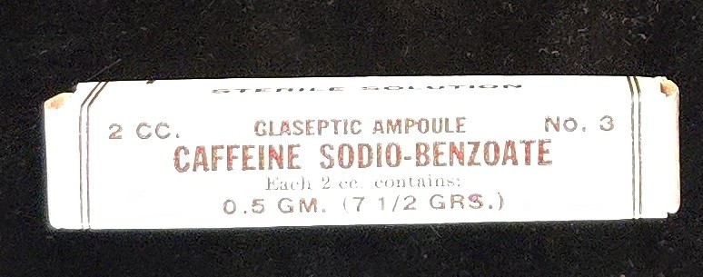 Boxed caffeine sodio-benzoate ampoule by Parke, Davis & Co.