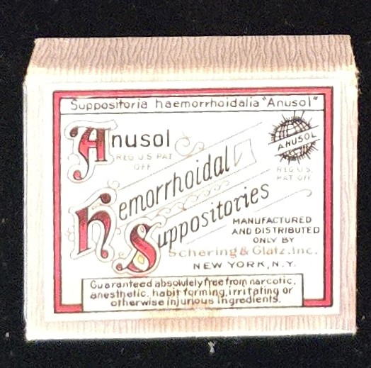 Vintage 1933 Anusol Hemorrhoidal Suppositories Physician’s Trial Package, box, foil-wrapped suppositories, and instruction insert by Schering & Glatz.