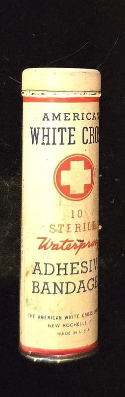 Vintage American White Cross Waterproof Adhesive Bandages tin with mercurochrome pad, collectible first aid packaging