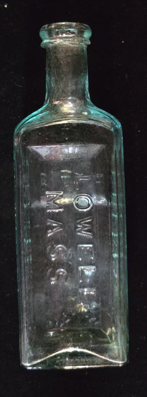 Front panel of aqua glass Ayer’s Cherry Pectoral bottle embossed “LOWELL MASS”