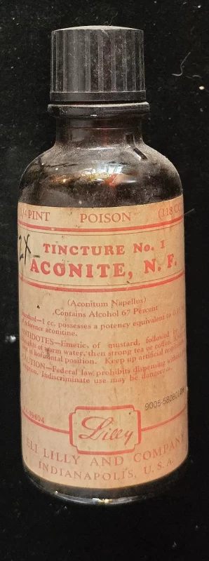 Antique Eli Lilly Tincture of Aconite poison bottle, 1/4 pint amber glass with original label.