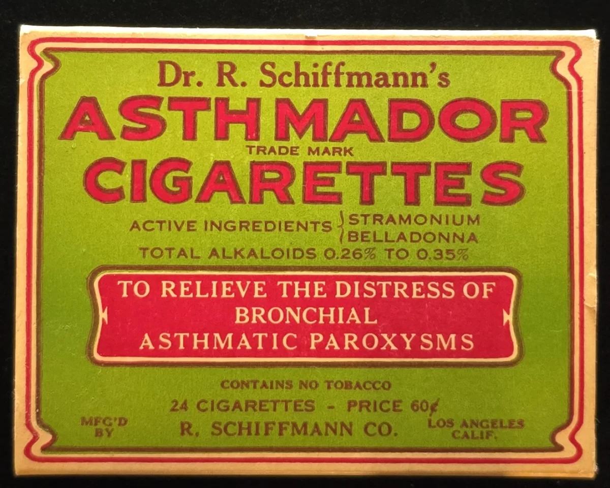 Vintage Asthmador Cigarettes showing stramonium and belladonna ingredients