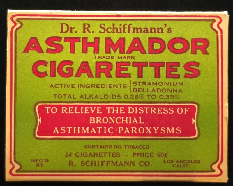 Vintage Asthmador Cigarettes showing stramonium and belladonna ingredients