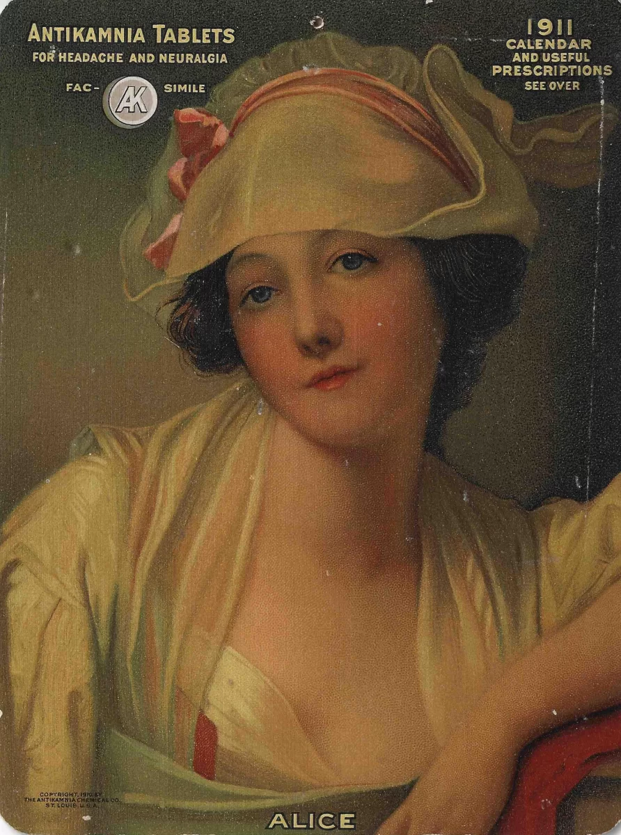 1911 Antikamnia Tablets advertising calendar card featuring Alice portrait