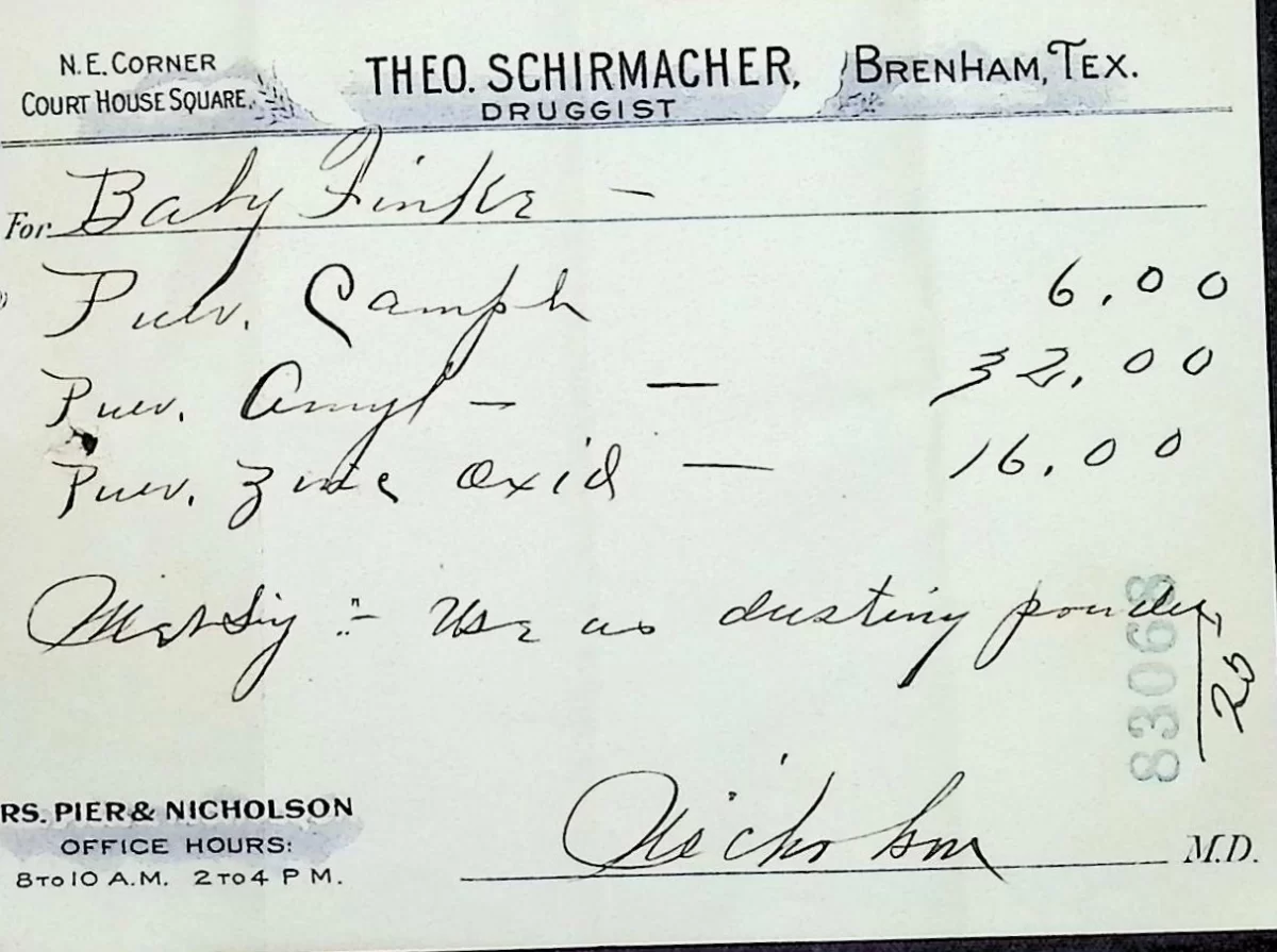 Vintage prescription for Baby Finkler’s baby powder, compounded from camphor, starch, and zinc oxide.