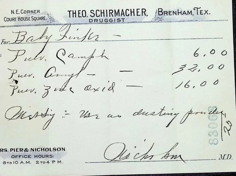 Vintage prescription for Baby Finkler’s baby powder, compounded from camphor, starch, and zinc oxide.