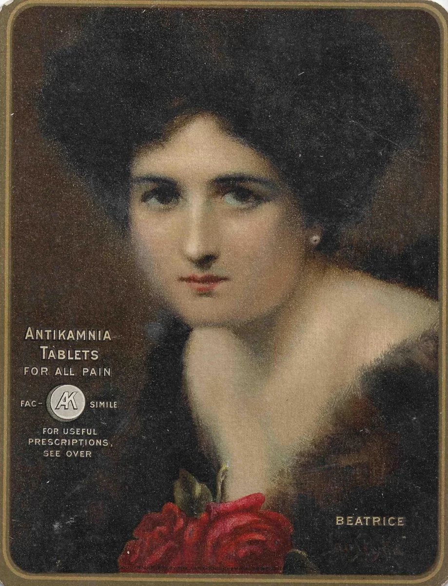 Lithograph portrait of “Beatrice” promoting Antikamnia Tablets, 1910 advertising card.