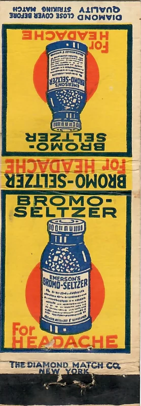Vintage Bromo-Seltzer advertising matchbook cover featuring cobalt blue bottle and slogan “For Headache.”