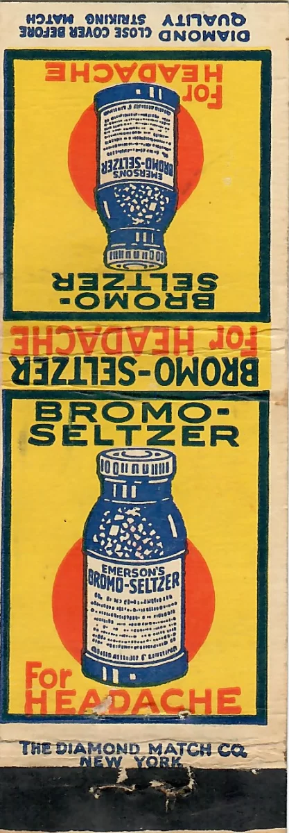 Vintage Bromo-Seltzer advertising matchbook cover featuring cobalt blue bottle and slogan “For Headache.”